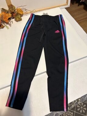 adidas Kids Black Joggers with Pink & Blue Side Stripes